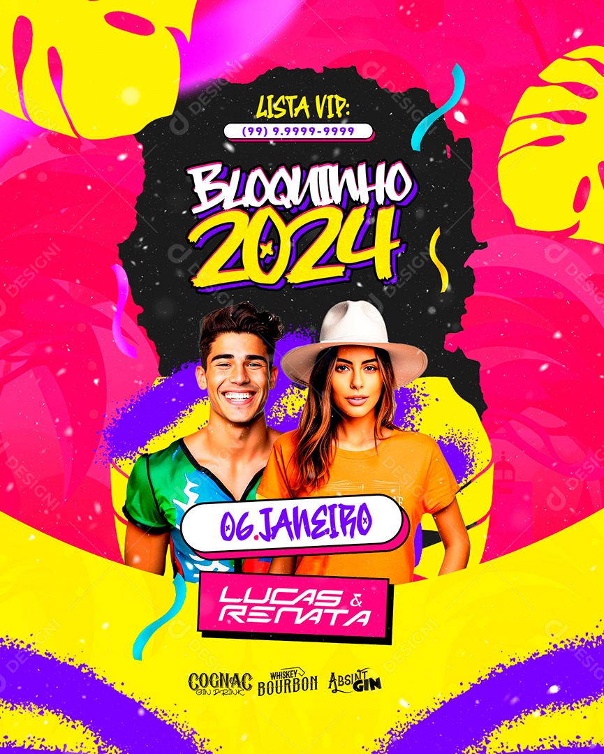 Flyer Carnaval Bloquinho 2024 Lucas & Renata Social Media PSD Editável