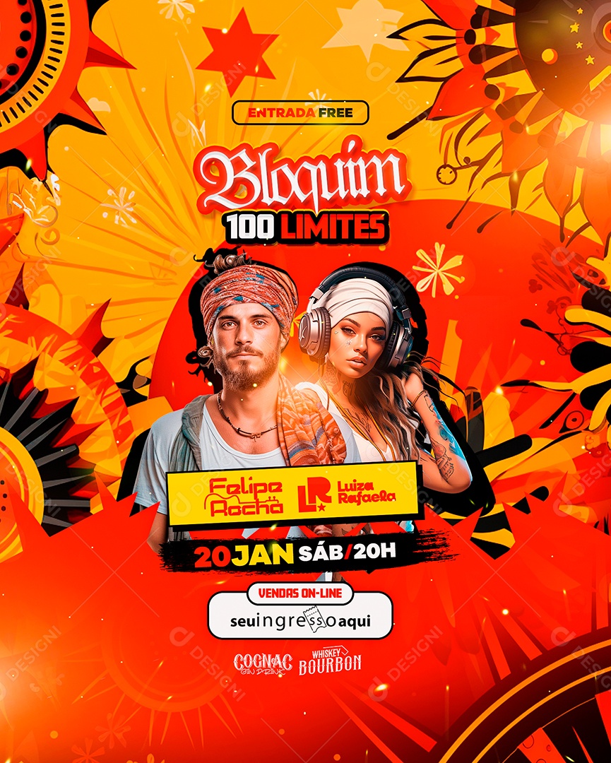 Flyer Carnaval Bloquim 100 Limites Felipe Rocha Luiza Rafaela Social Media PSD Editável