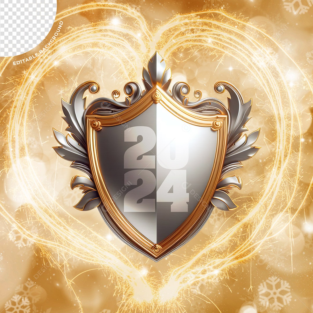 Escudo com Número 2024 de Ano Novo Elemento 3D para Composição PSD