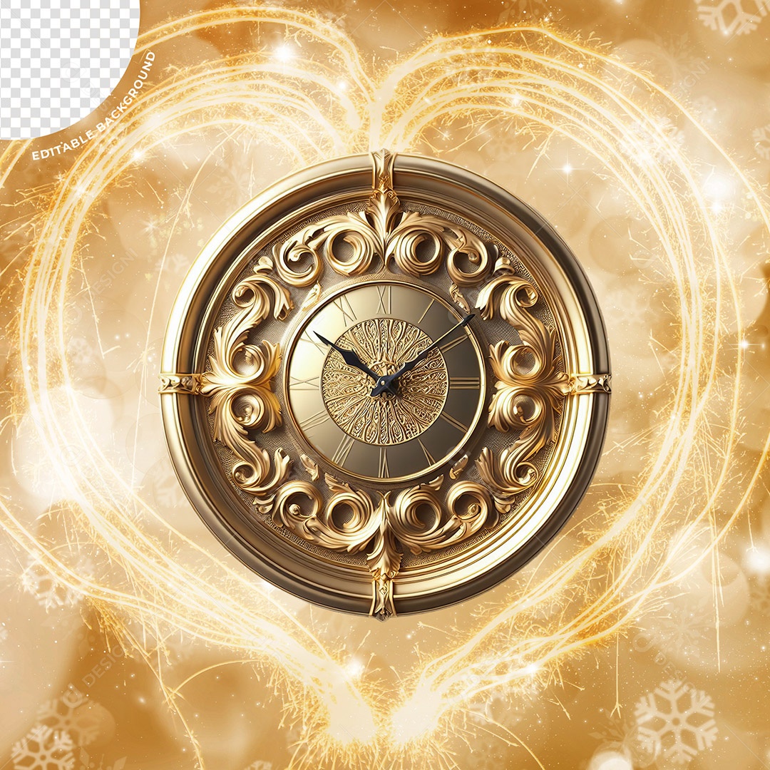 Relógio Dourado de Ano Novo Elemento 3D para Composição PSD
