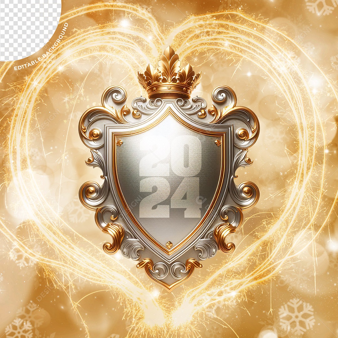 Escudo com Número 2024 de Ano Novo Elemento 3D Prata Dourado para Composição PSD