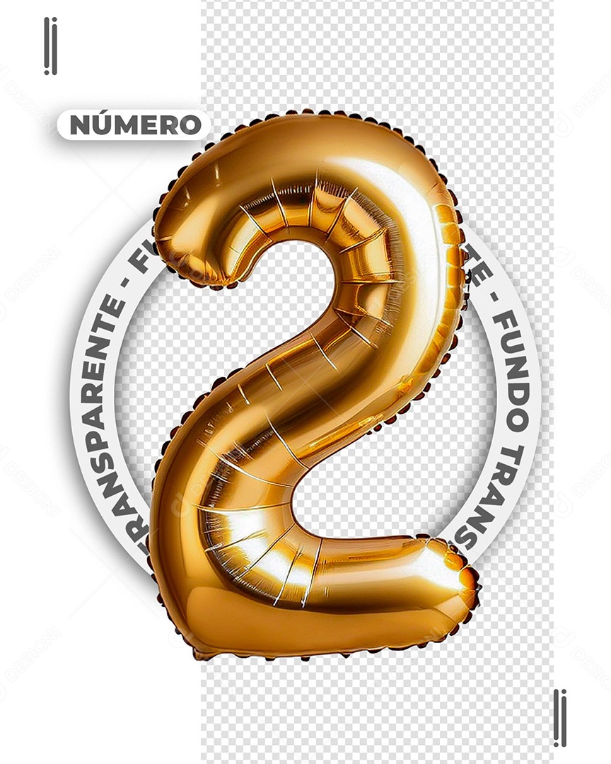 Número 2 de Balão Dourado Elemento 3D de Ano Novo para Composição PSD