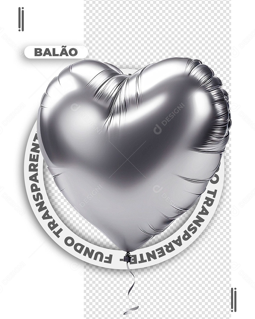 Balão Formato de Coração Elemento 3D Prata para Composição PSD
