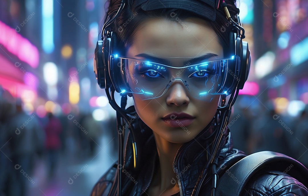 Mulher no fundo digital cyberpunk moderno