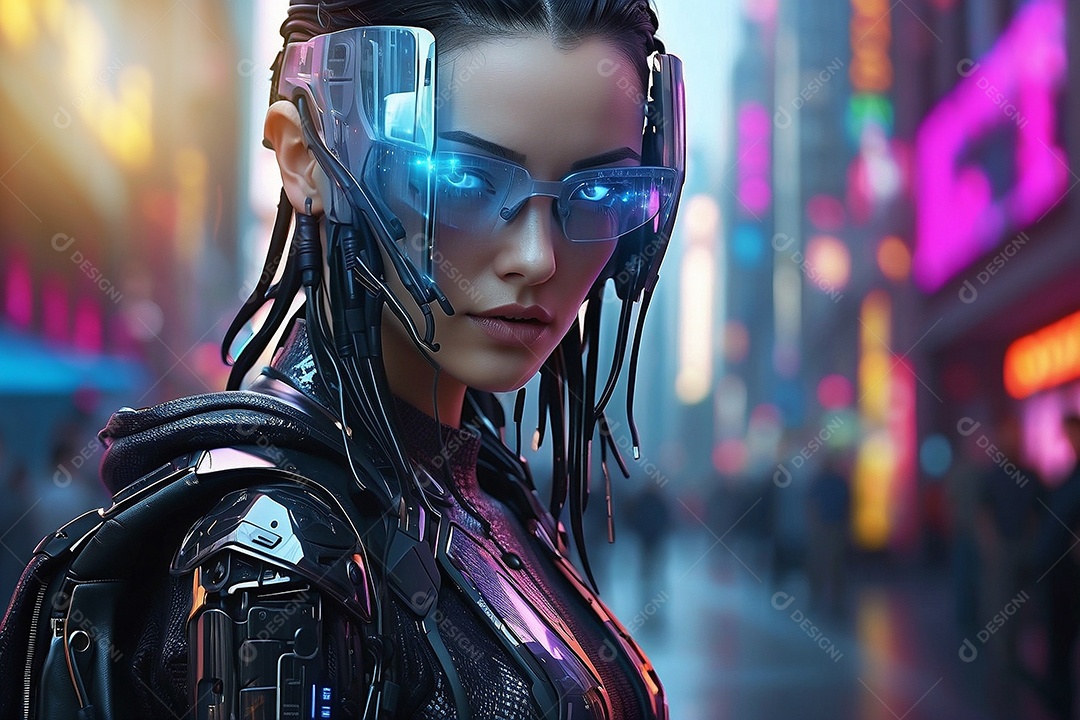 Mulher no fundo digital cyberpunk moderno