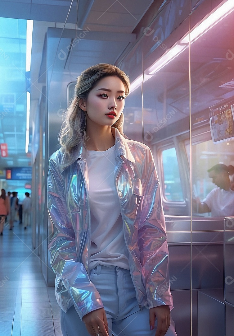 Mulher em fundo digital cyberpunk moderno