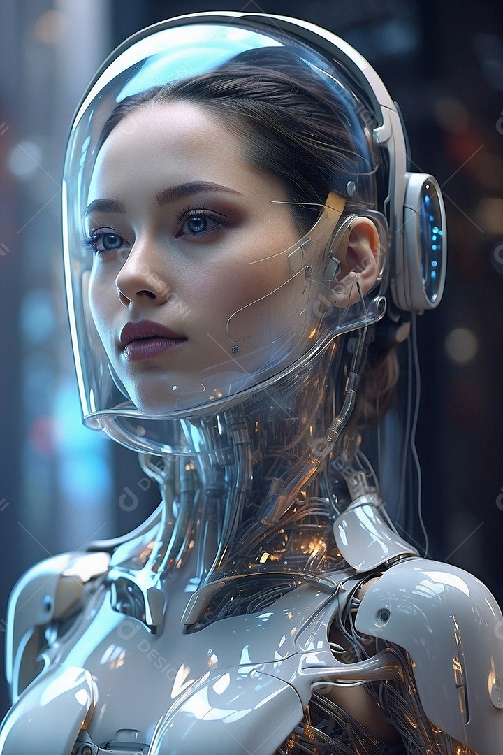 Mulher em fundo digital cyberpunk moderno