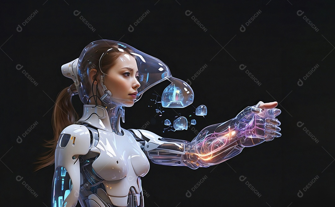 Mulher em fundo digital cyberpunk moderno