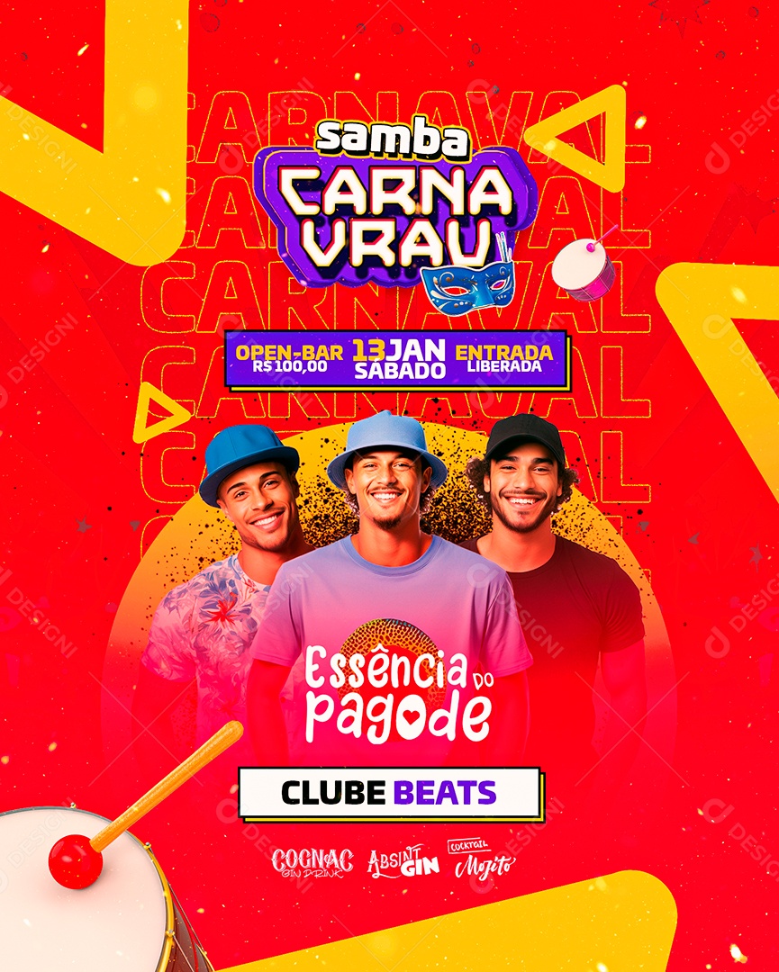 Flyer Carnaval Samba Carna Vrau Essência Do Pagode Social Media PSD Editável