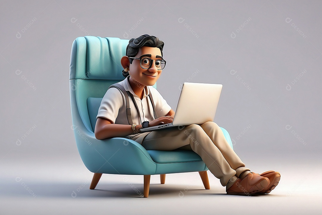 Indiano masculino de desenho animado trabalhando em um laptop