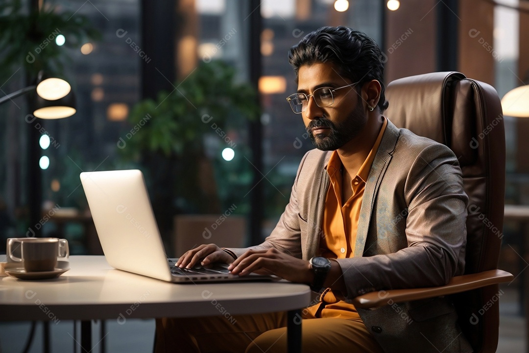 Indiano masculino de desenho animado trabalhando em um laptop