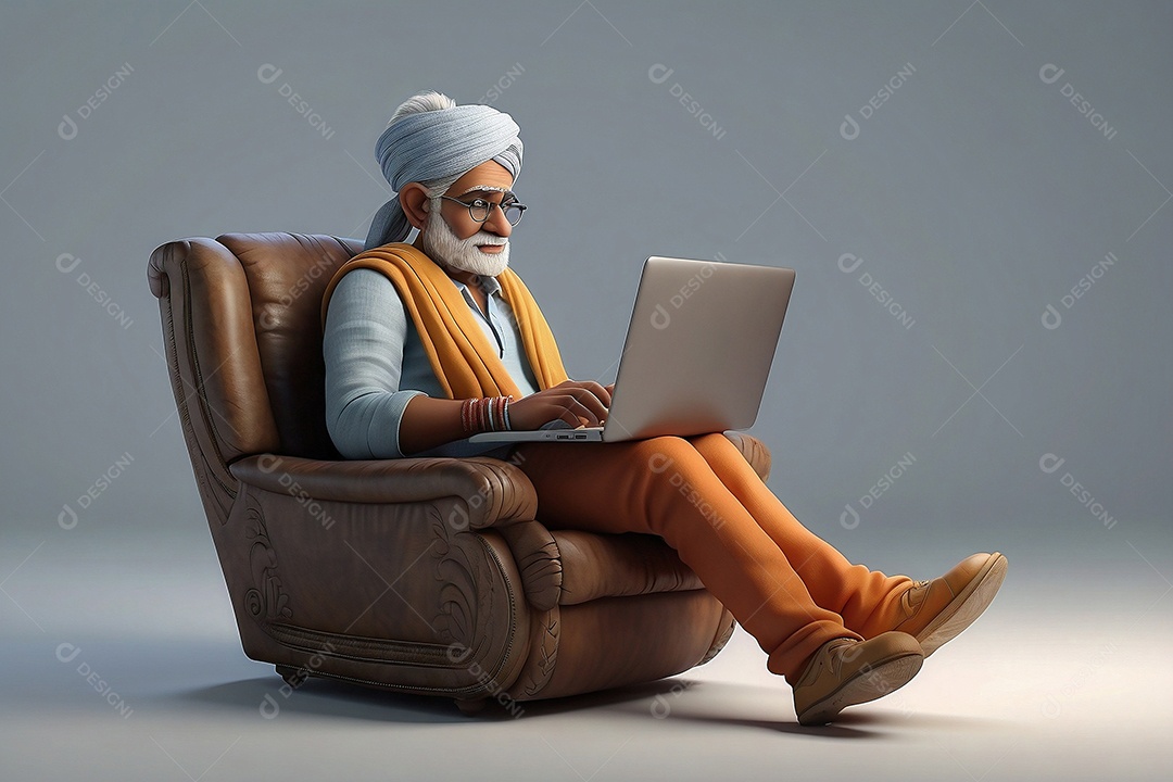 Personagem indiano de desenho animado trabalhando em um laptop