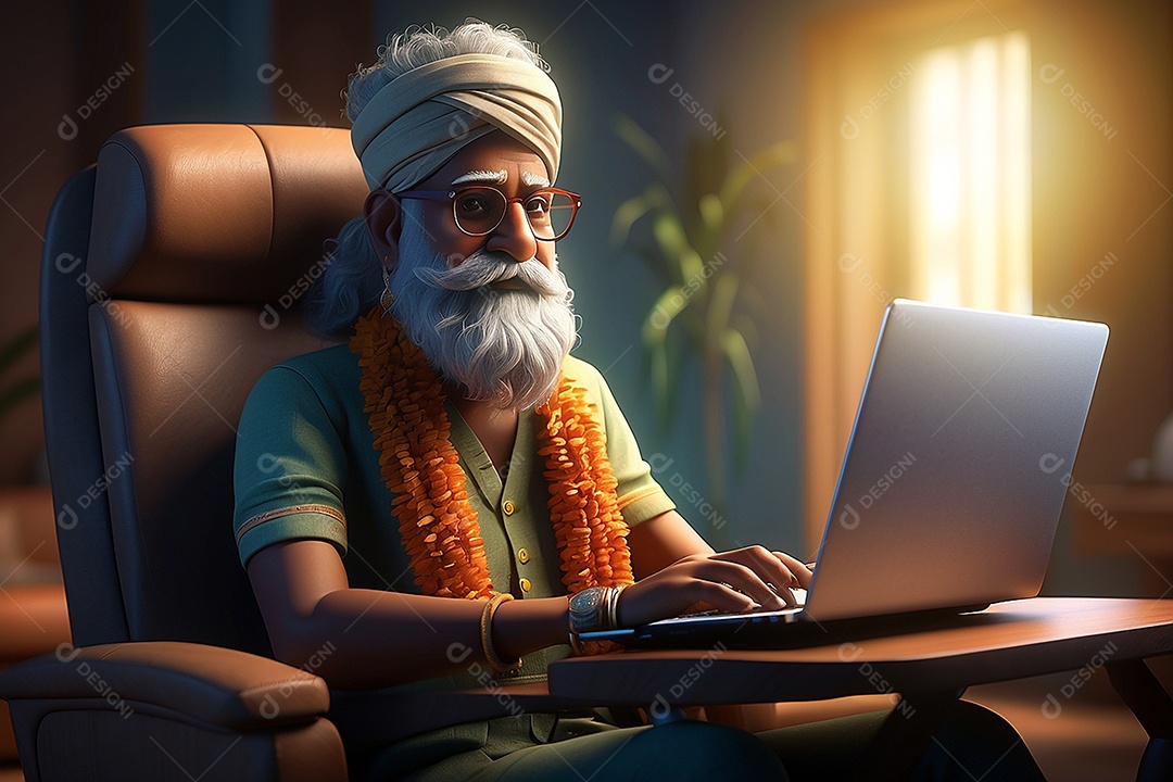 Personagem indiano de desenho animado trabalhando em um laptop