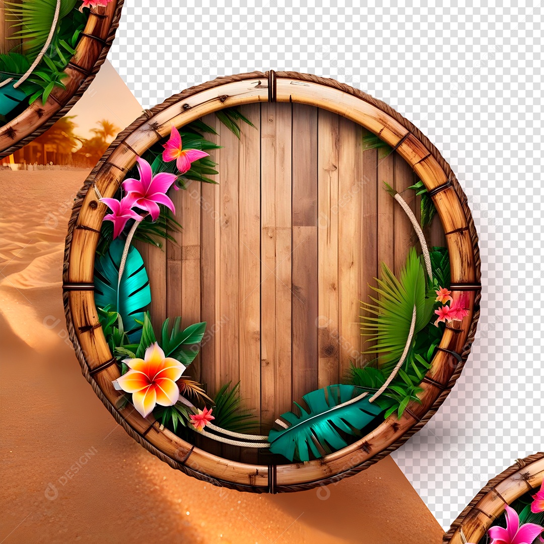 Circulo de Madeira com Flores 3D PSD
