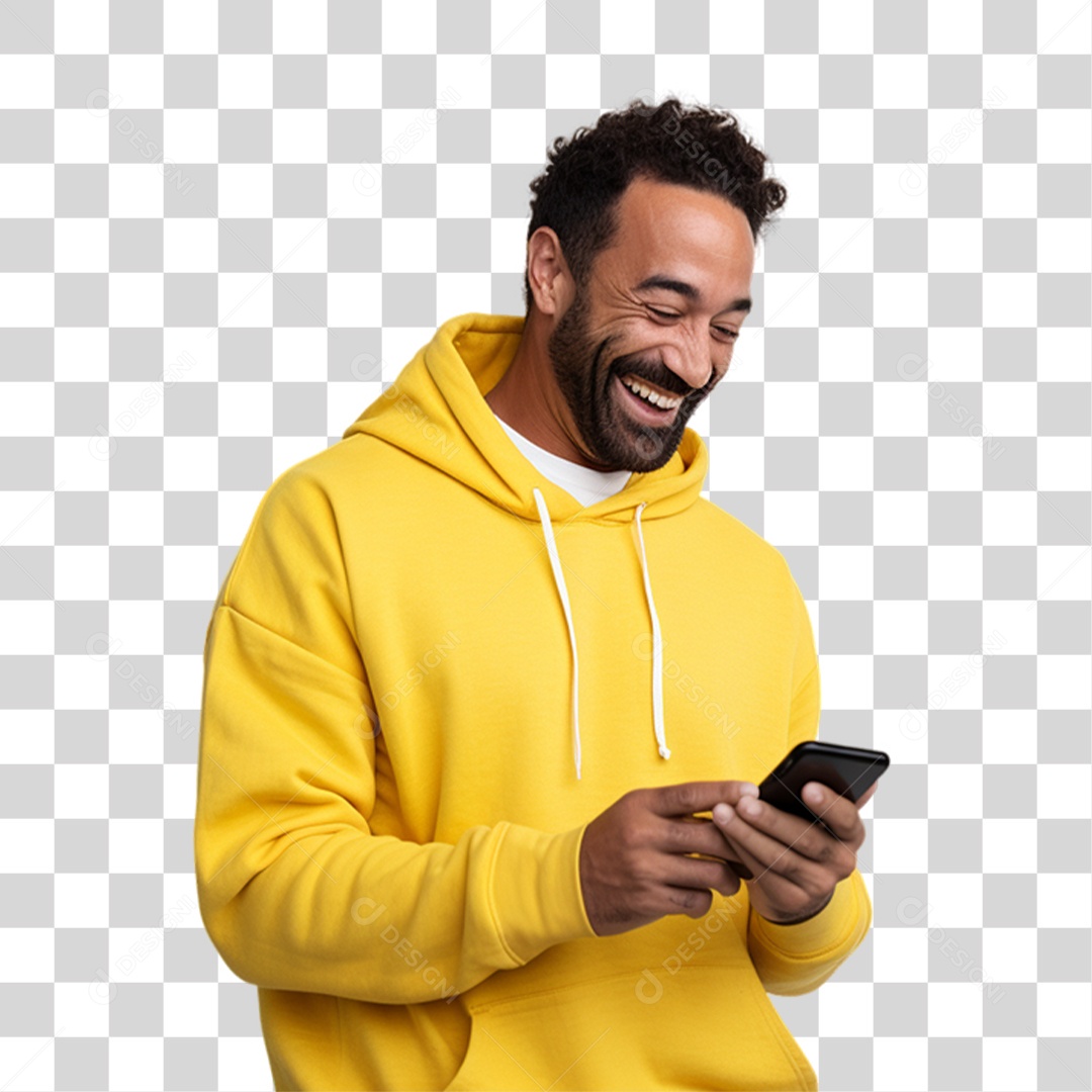 Homem de Amarelo com Celular na Mão PNG Transparente