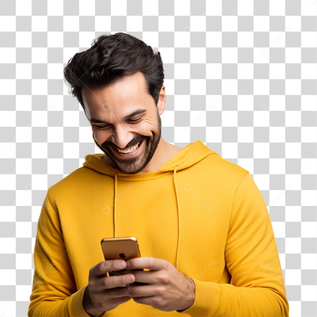 Homem de Amarelo com Celular na Mão PNG Transparente