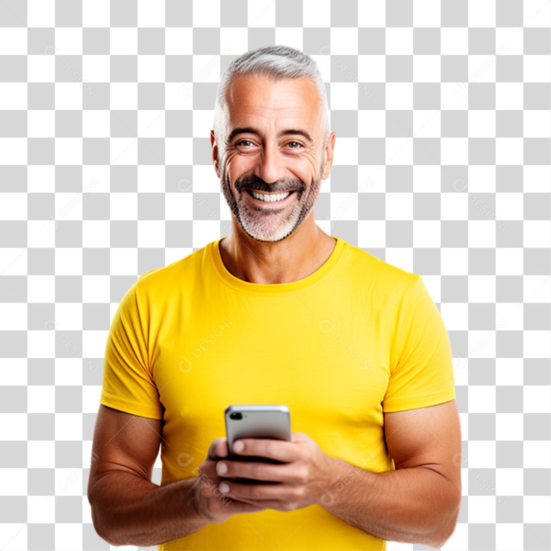 Homem de Amarelo com Celular na Mão PNG Transparente