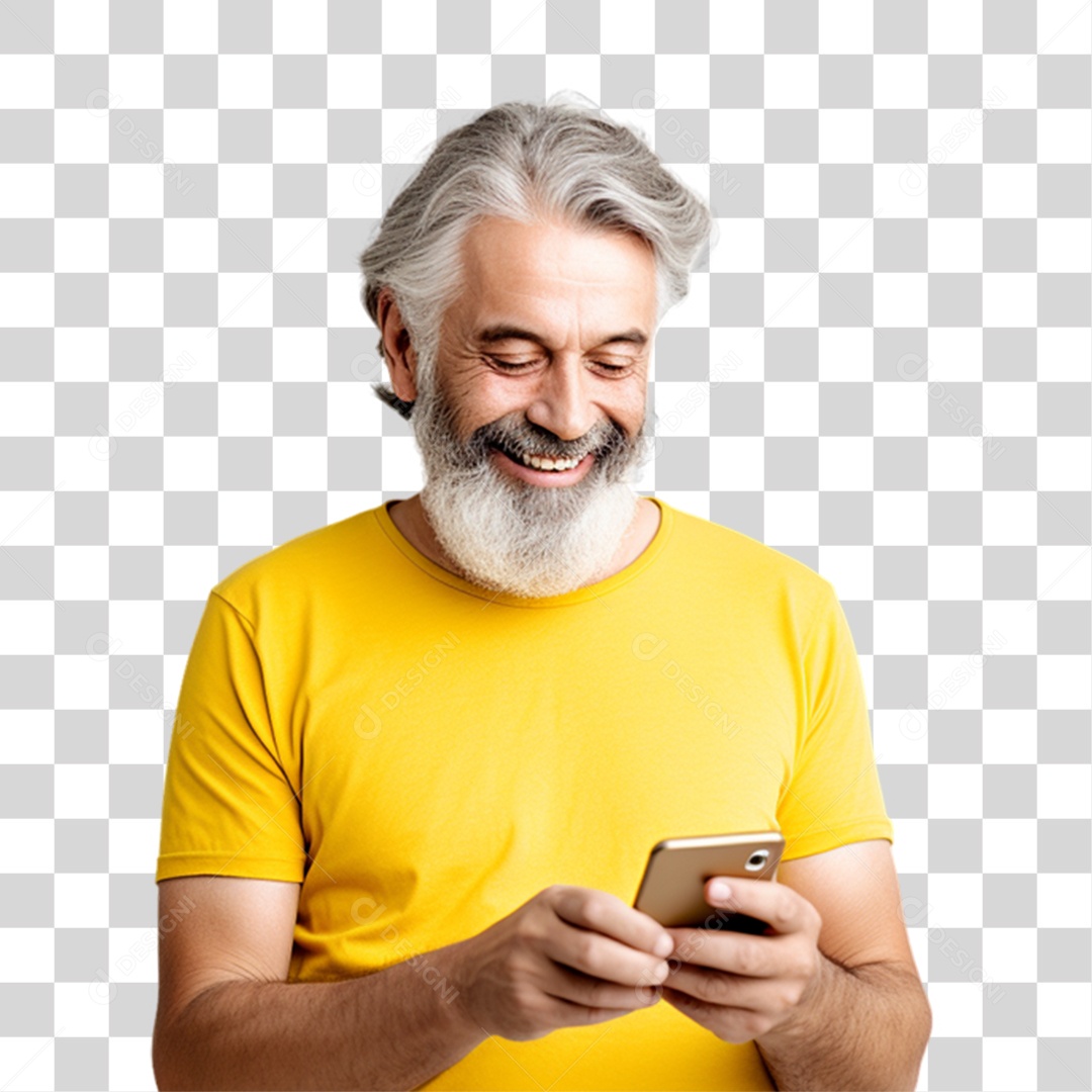 Homem de Amarelo com Celular na Mão PNG Transparente