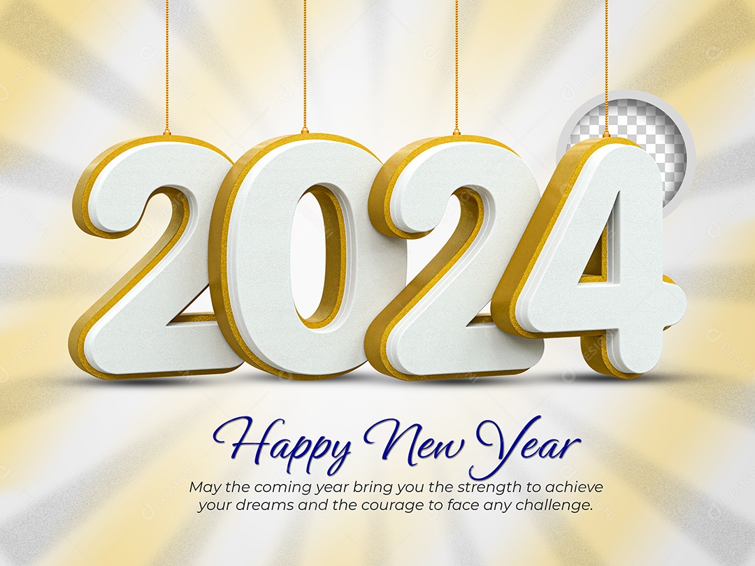 Número 3D 2024 Branco e Dourado Feliz Ano Novo Para Composição PSD
