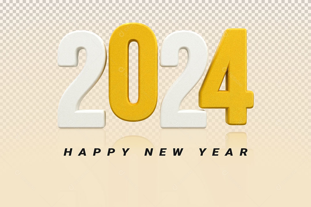Número 3D 2024 Branco e Dourado Feliz Ano Novo Para Composição PSD
