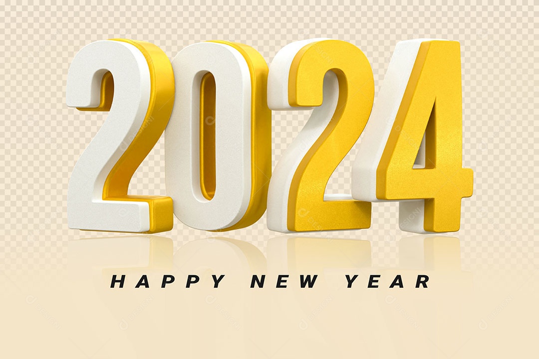 Número 3D 2024 Branco e Dourado Feliz Ano Novo Para Composição PSD