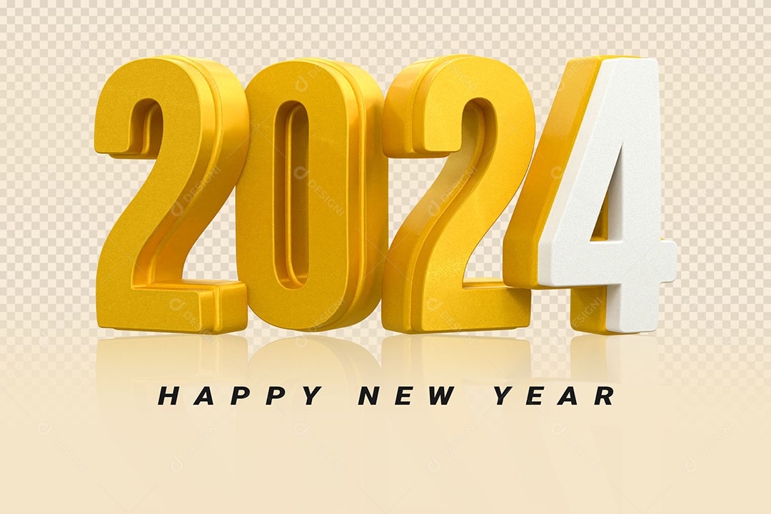 Número 3D 2024 Branco e Dourado Feliz Ano Novo Para Composição PSD