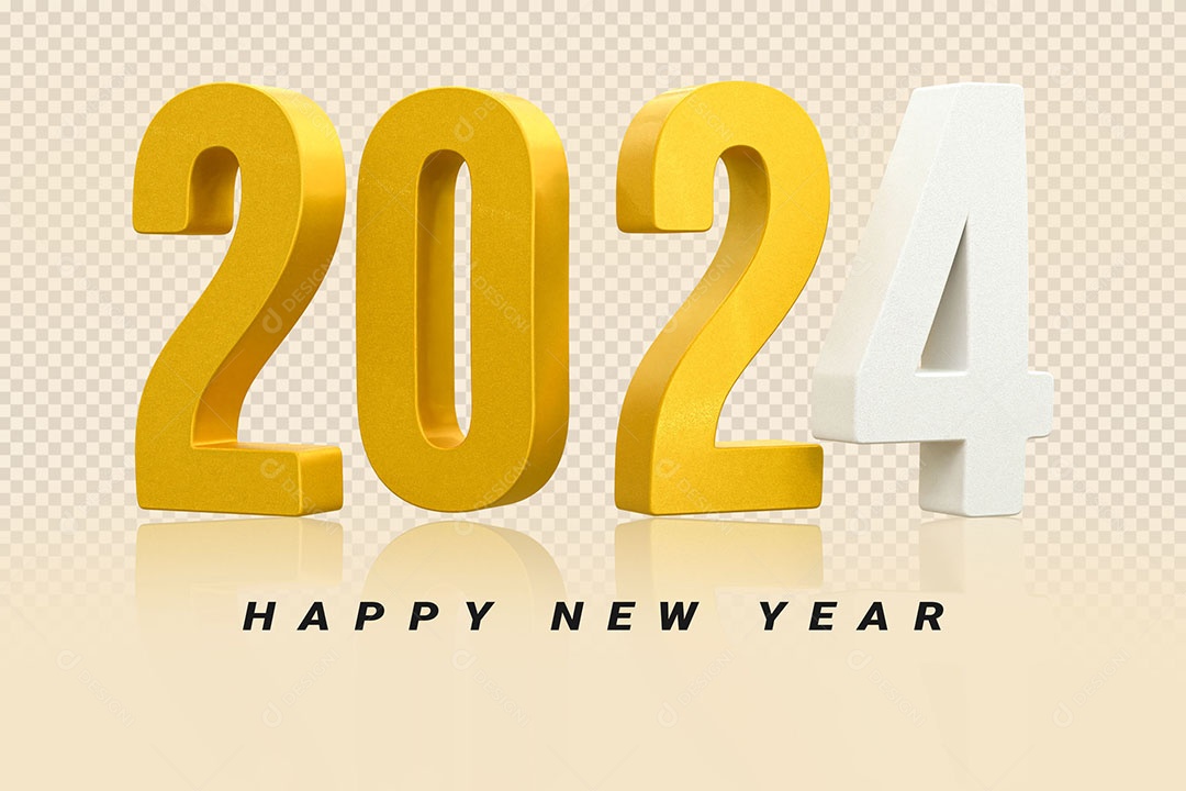 Número 3D 2024 Branco e Dourado Feliz Ano Novo Para Composição PSD