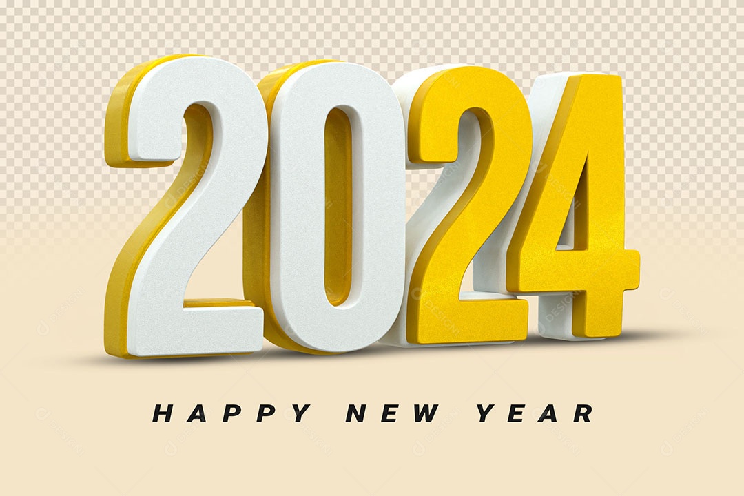 Número 3D 2024 Branco e Dourado Feliz Ano Novo Para Composição PSD