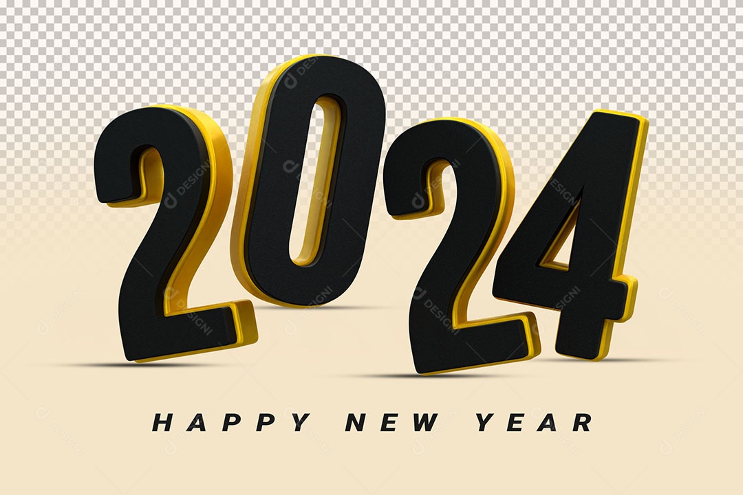 Número 3D 2024 Preto e Dourado Feliz Ano Novo Para Composição PSD