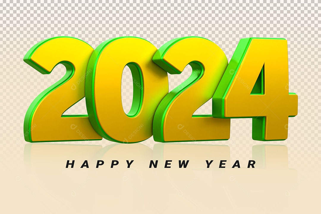 Número 3D 2024 Dourado e Verde Feliz Ano Novo Para Composição PSD