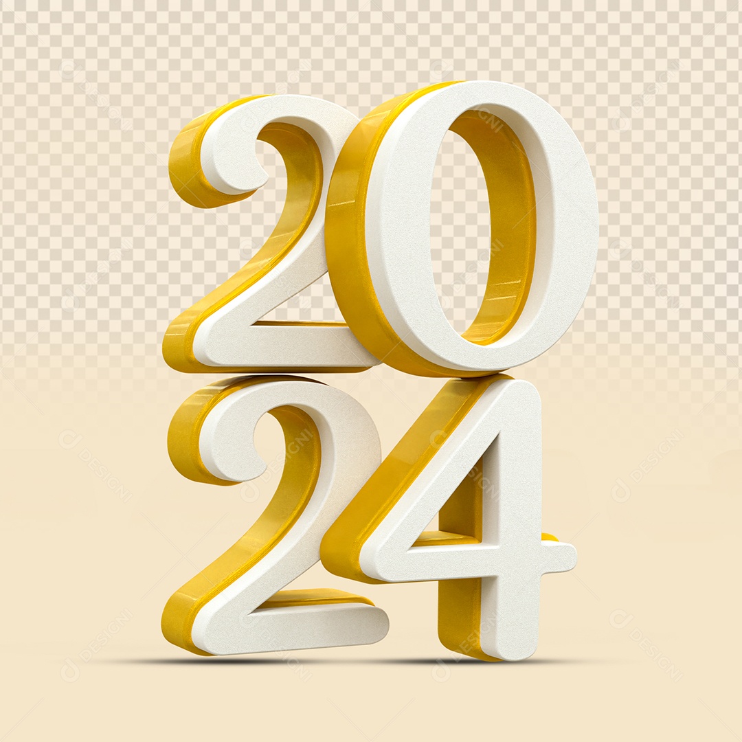 Número 3D 2024 Branco e Dourado Para Composição PSD