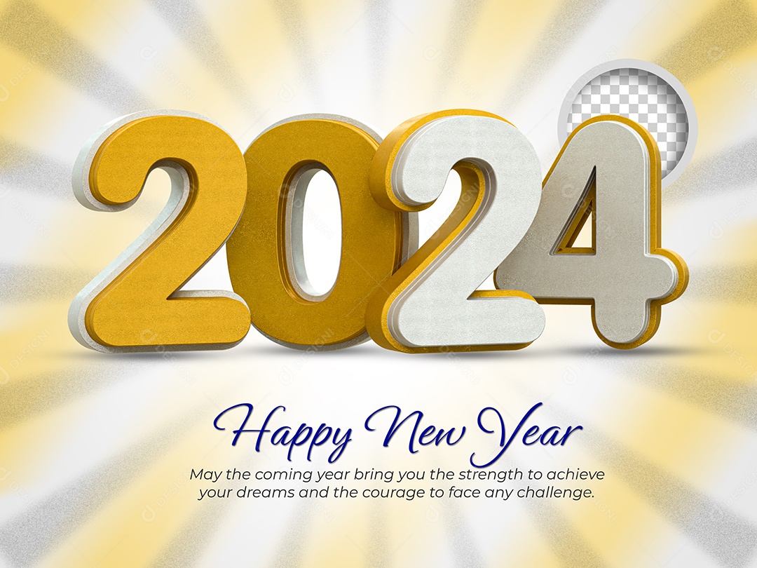 Número 3D 2024 Dourado e Branco Feliz Ano Novo Para Composição PSD