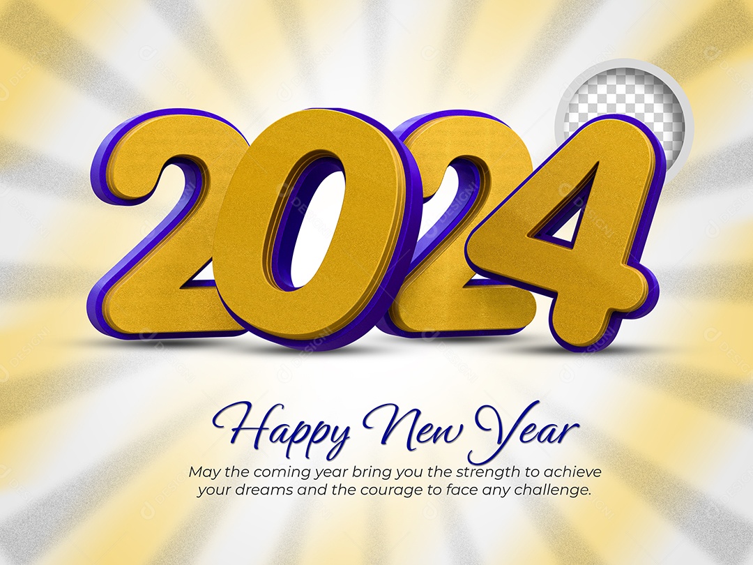 Número 3D 2024 Dourado e Azul Feliz Ano Novo Para Composição PSD