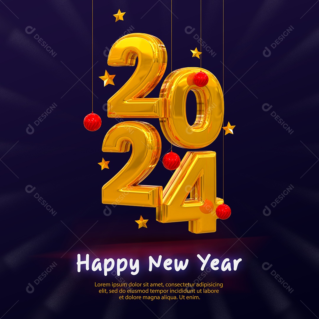 Número 3D 2024 Dourado Feliz Ano Novo Para Composição PSD