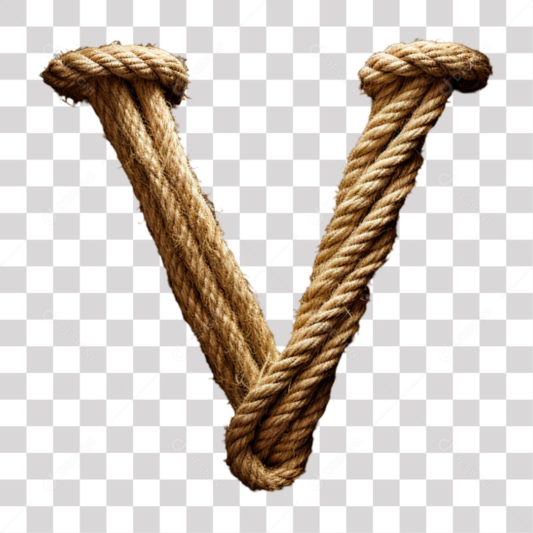 Letra V Maiúscula de Corda Elemento 3D para Composição PNG Transparente