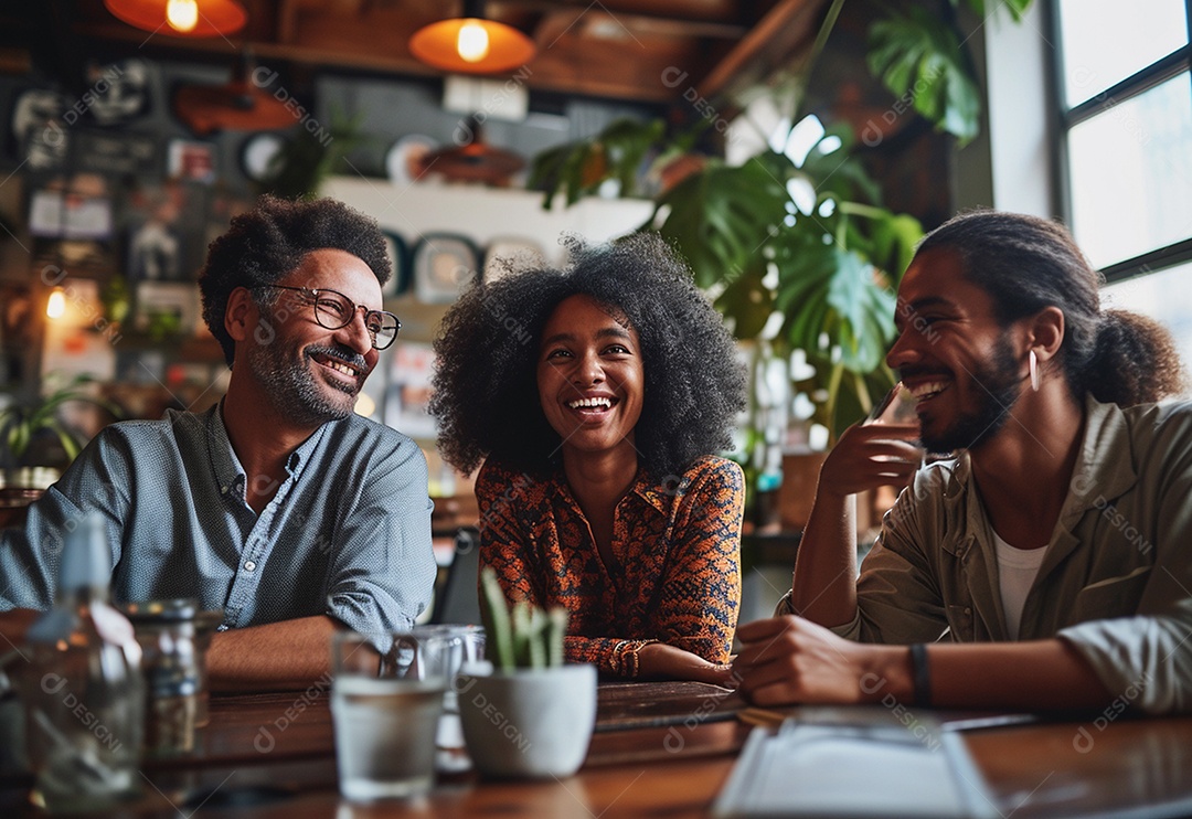 Três colegas de trabalho sorridentes e diversos tendo uma reunião informal de estratégia empresarial