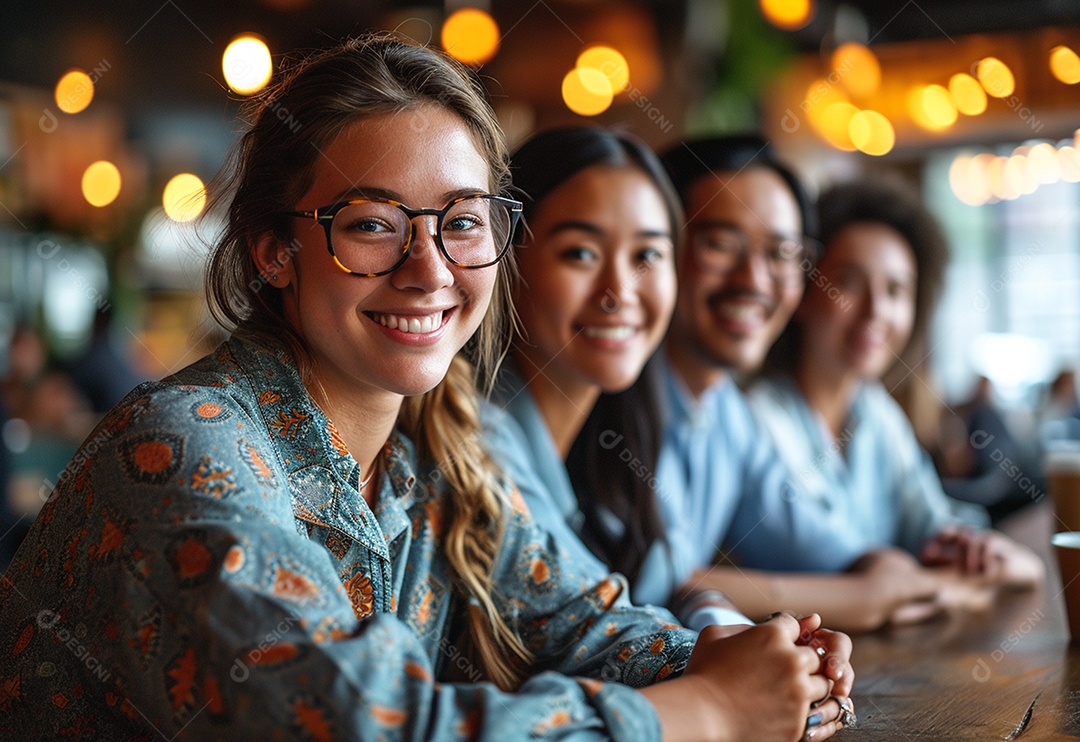 Três colegas de trabalho sorridentes e diversos tendo uma reunião informal de estratégia empresarial