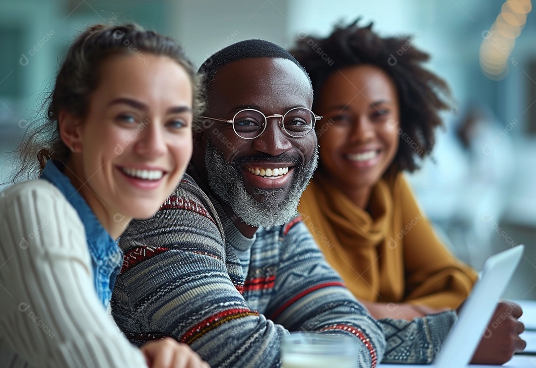 Três colegas de trabalho sorridentes e diversos tendo uma reunião informal de estratégia empresarial