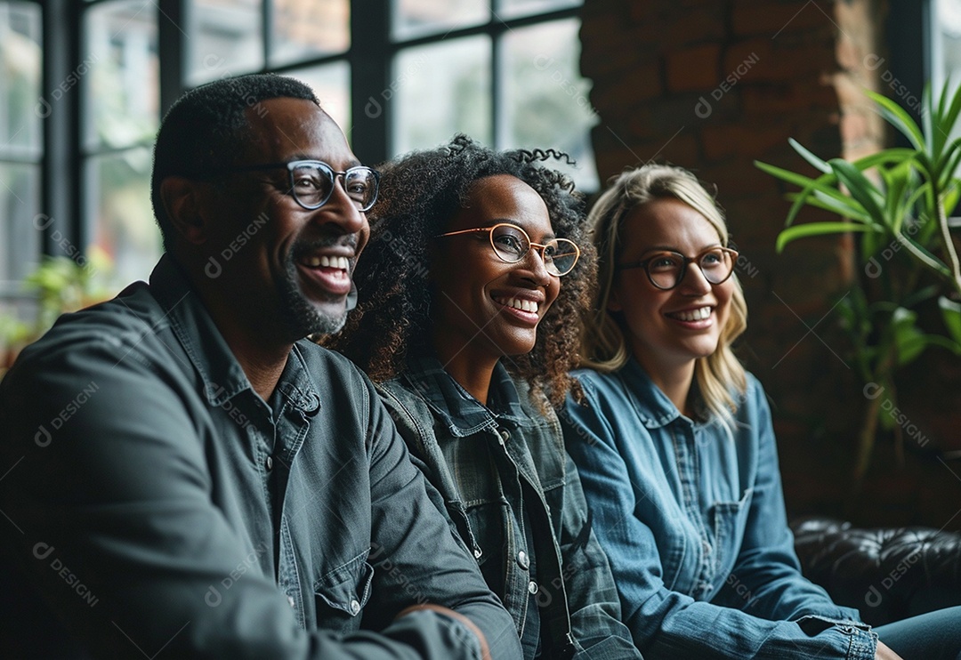 Três colegas de trabalho sorridentes e diversos tendo uma reunião informal de estratégia empresarial