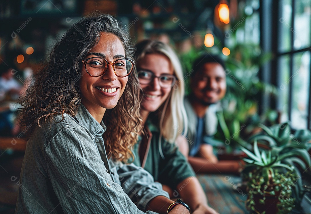 Três colegas de trabalho sorridentes e diversos tendo uma reunião informal de estratégia empresarial