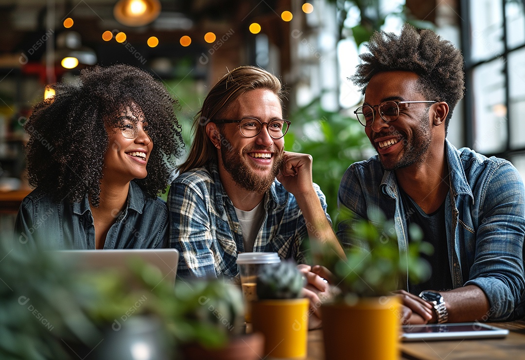 Três colegas de trabalho sorridentes e diversos tendo uma reunião informal de estratégia empresarial
