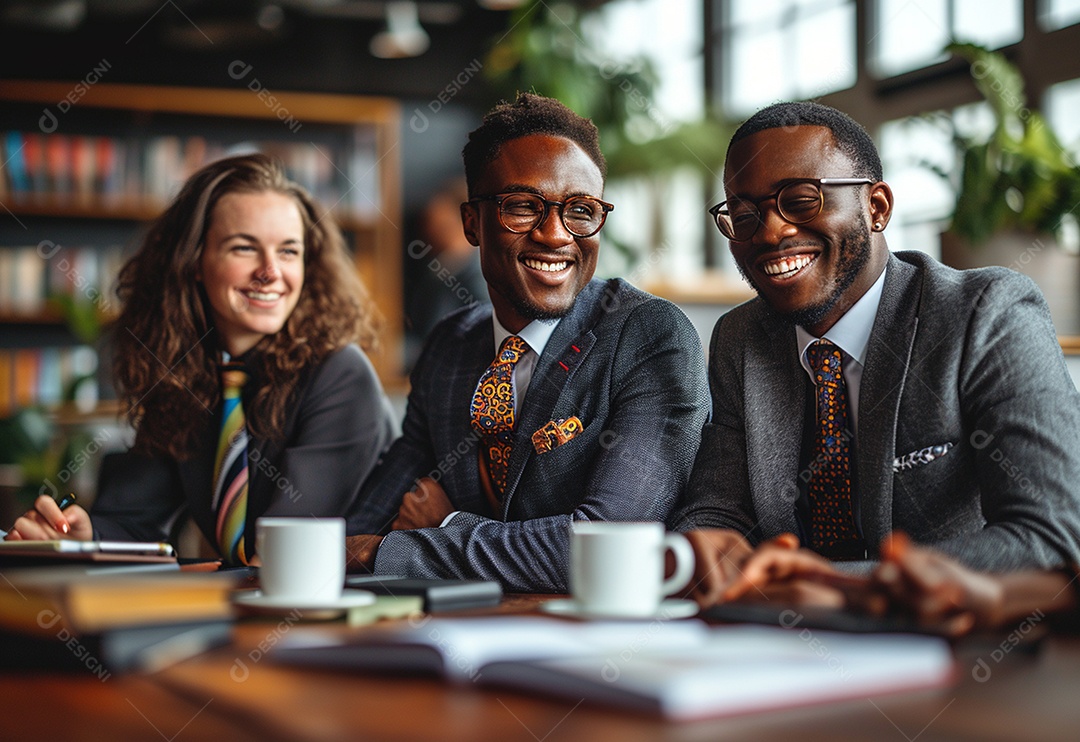 Três colegas de trabalho sorridentes e diversos tendo uma reunião informal de estratégia empresarial