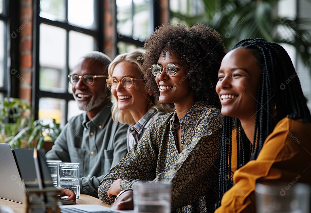 Três colegas de trabalho sorridentes e diversos tendo uma reunião informal de estratégia empresarial
