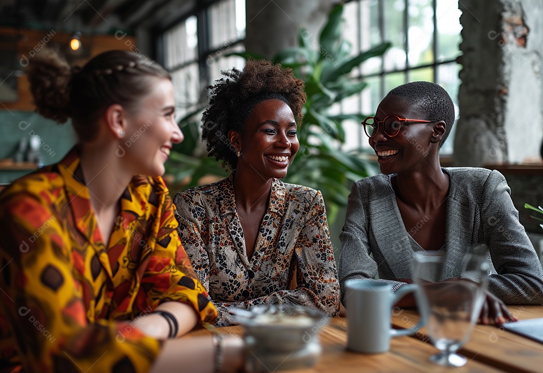 Três colegas de trabalho sorridentes e diversos tendo uma reunião informal de estratégia empresarial