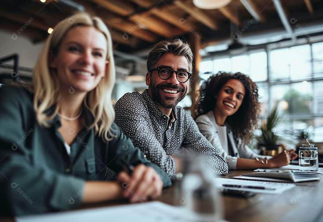 Três colegas de trabalho sorridentes e diversos tendo uma reunião informal de estratégia empresarial