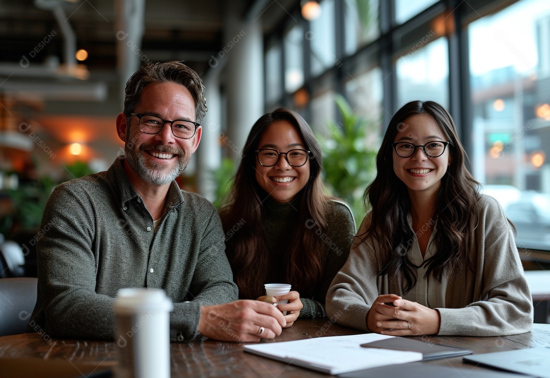 Três colegas de trabalho sorridentes e diversos tendo uma reunião informal de estratégia empresarial