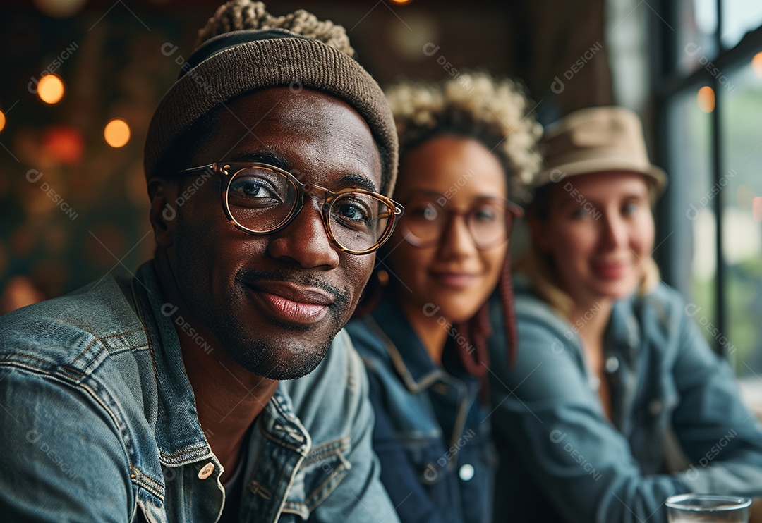 Três colegas de trabalho sorridentes e diversos tendo uma reunião informal de estratégia empresarial