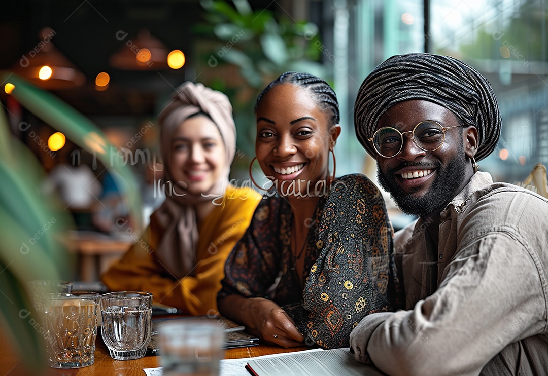 Três colegas de trabalho sorridentes e diversos tendo uma reunião informal de estratégia empresarial