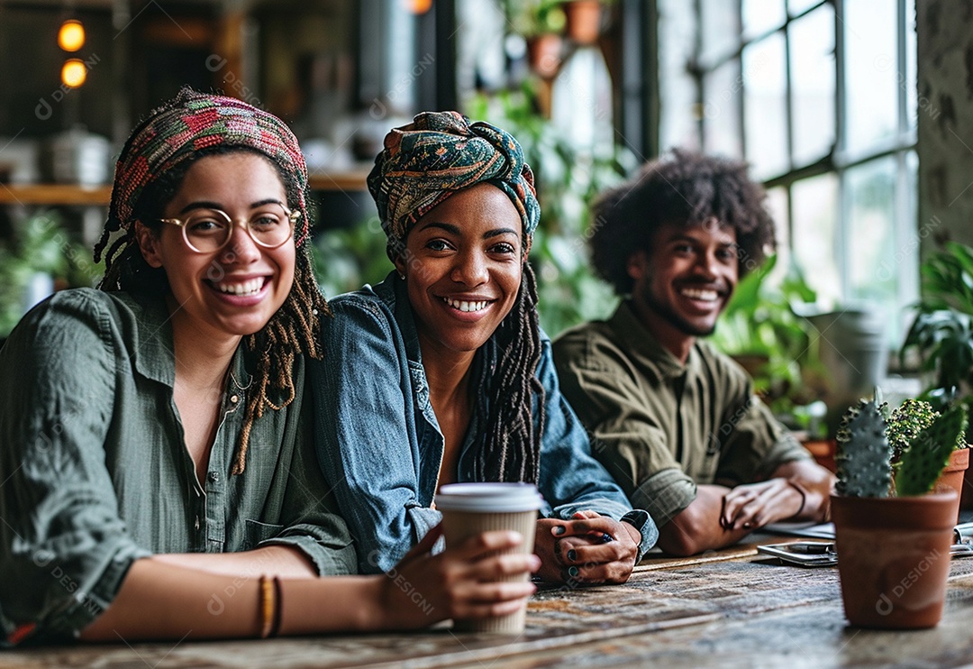 Três colegas de trabalho sorridentes e diversos tendo uma reunião informal de estratégia empresarial