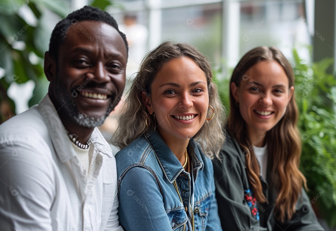 Três colegas de trabalho sorridentes e diversos tendo uma reunião informal de estratégia empresarial
